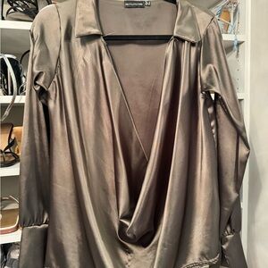 Long sleeve PLT olive green satin cowl neck top